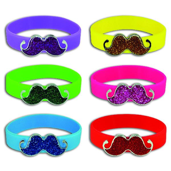 Silicone Sparkly Mustache Bracelets (12 ct) - Sku BTS-028932